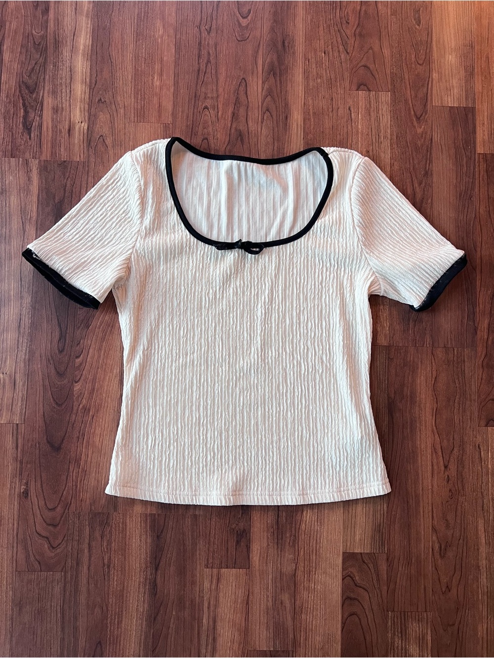 Textured Scoop Neck Cream Black Trim Coquette Top Size L SHEIN
